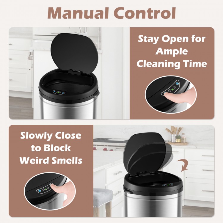Manual control panel of the 8 Gal automatic trash can with stainless steel frame, featuring soft close and stay-open.