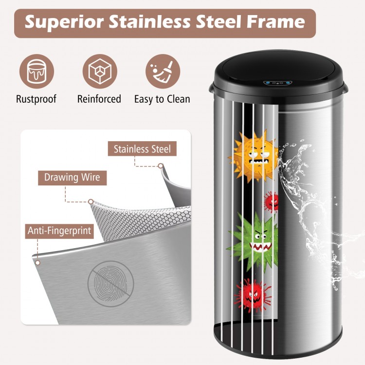 Automatic 8-gal trash can with a stainless steel frame, touchless operation, and anti-fingerprint design for easy.