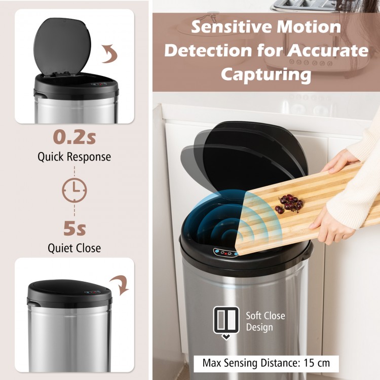 8-gal automatic trash can with stainless steel frame, featuring touchless motion detection and soft close design for.