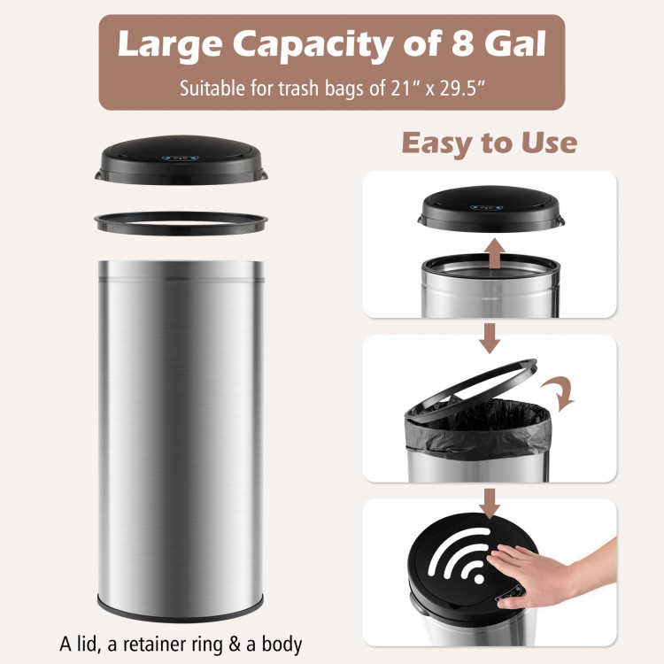 8-gallon touchless trash can with stainless steel frame, featuring a lid and motion detection for easy waste disposal.