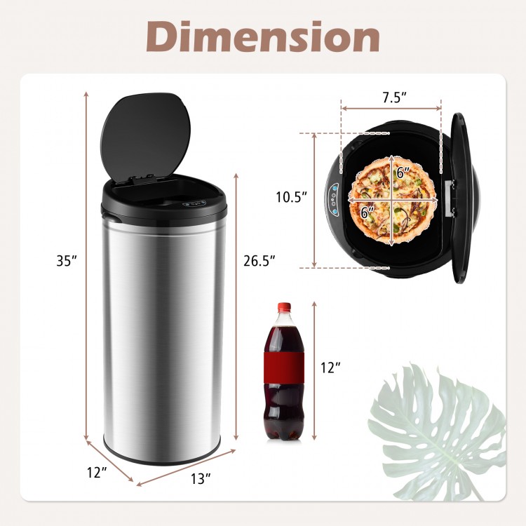 8-gal automatic trash can with stainless steel frame, dimensions shown for easy placement in kitchens or offices.