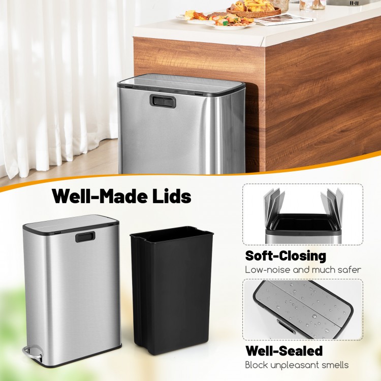 Stainless steel 12-gal trash can with soft-closing wing lids, designed for low-noise operation and easy access.