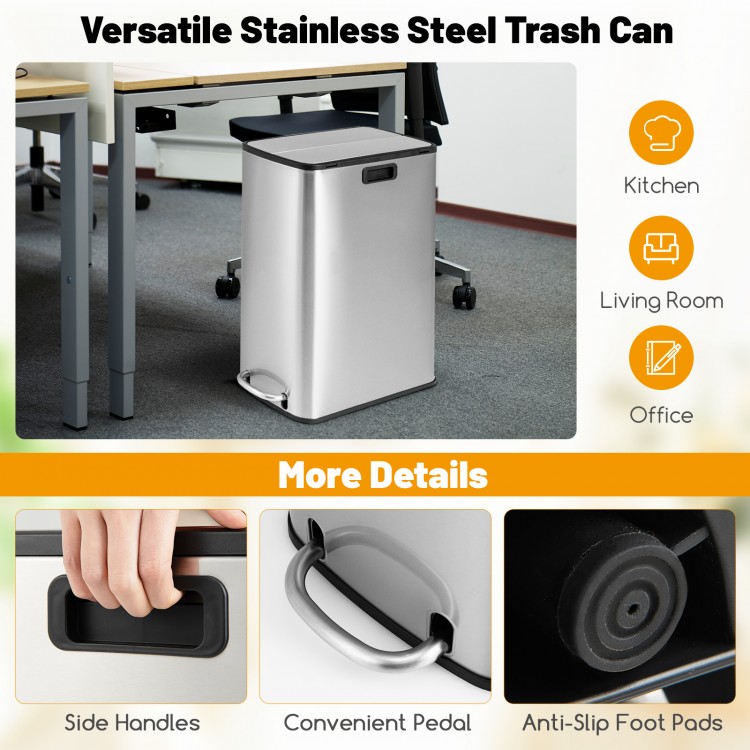 Stainless steel 12-gal trash can with soft-closing lids, convenient pedal, and side handles for kitchen or office use.