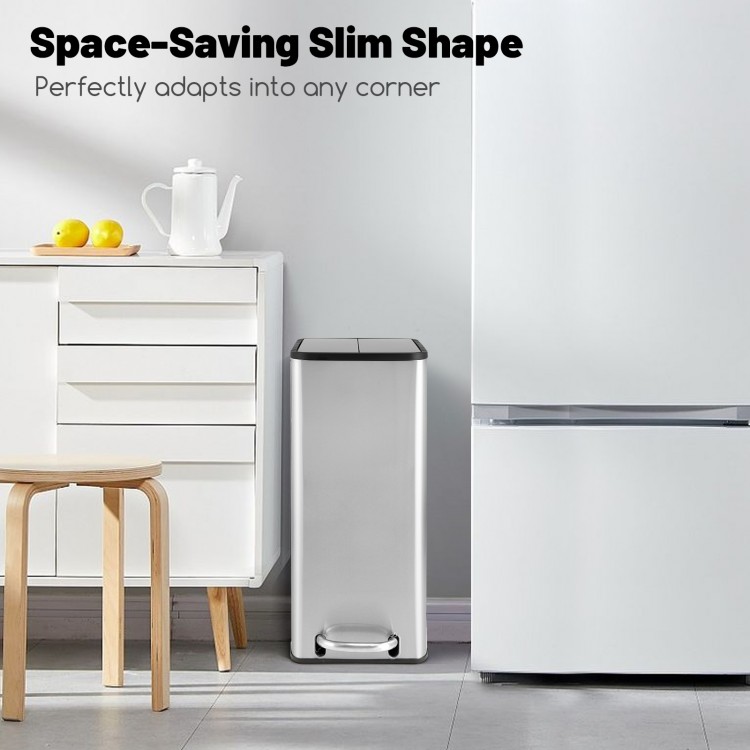 Slim stainless steel trash can with soft-closing lids, designed for easy access and space-saving in any corner.