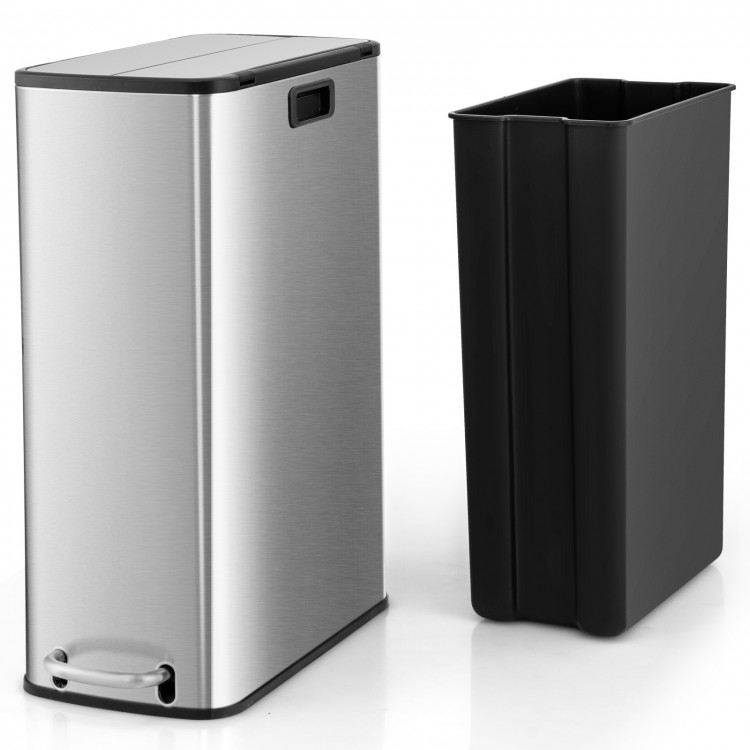Stainless steel 12-gal trash can with removable inner bucket and soft-closing wing lids, ideal for kitchen or office.