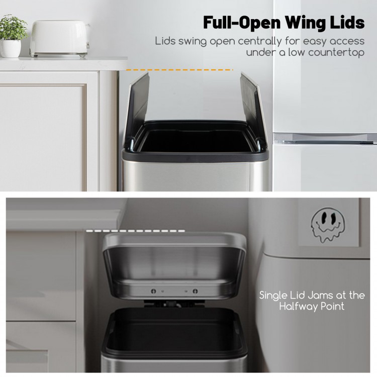 Stainless steel 12 Gal trash can with soft-closing wing lids, ideal for kitchen or office, featuring a space-saving.