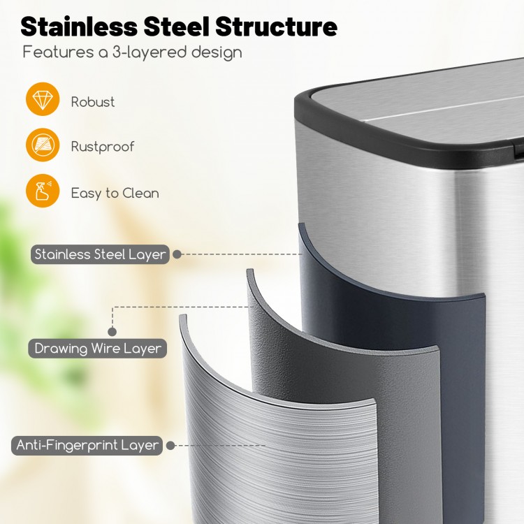 Close-up of the 12 Gal stainless steel trash can showcasing its 3-layered structure, designed for easy cleaning and.