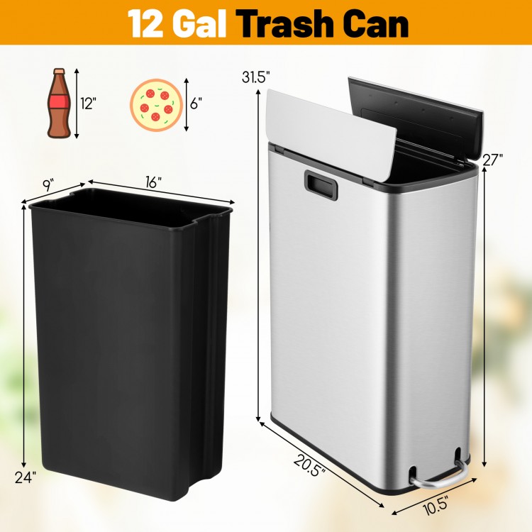 Stainless steel 12-gal trash can with soft-closing lid, slim design for kitchen or office, featuring a removable inner.