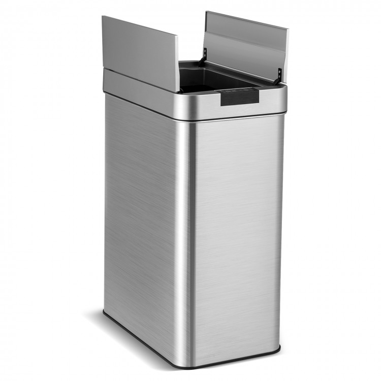 Slim stainless steel kitchen trash can with wing lids, 13.2-gallon capacity, designed for space efficiency and odor.