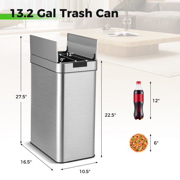Slim 13.2 Gal stainless steel kitchen trash can with wing lids, featuring soft-close and infrared sensor design for.