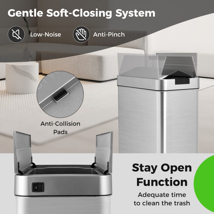Slim 13.2 Gal stainless steel kitchen trash can with wing lids, featuring a gentle soft-closing system and stay open.