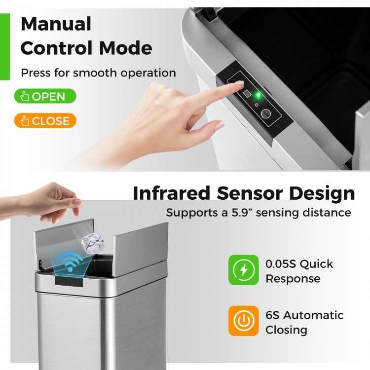 Slim 13.2 Gal kitchen trash can with stainless steel frame, manual control, and infrared sensor for efficient waste.