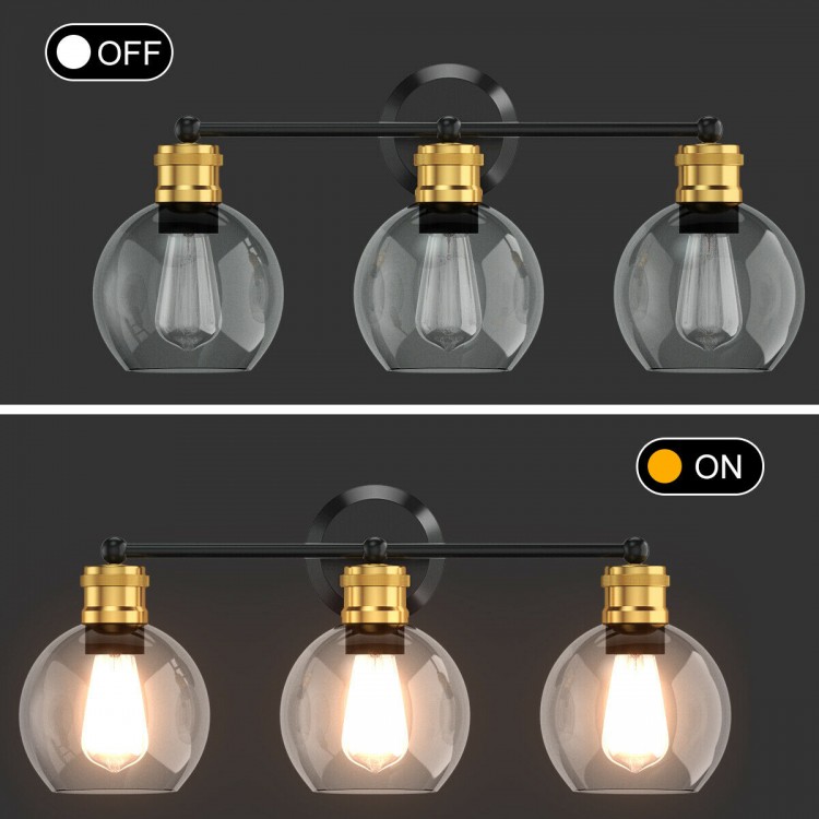 Modern 3-light bubbled glass vanity light with black iron frame and golden sockets, perfect for bathroom or vanity.