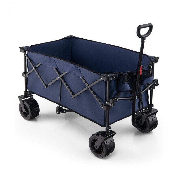 Folding utility garden cart in blue with wide wheels, adjustable handle, and deep storage for up to 176 lbs.