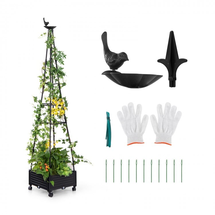 Garden obelisk trellis in black with planter box, gloves, and accessories for supporting climbing plants indoors or.