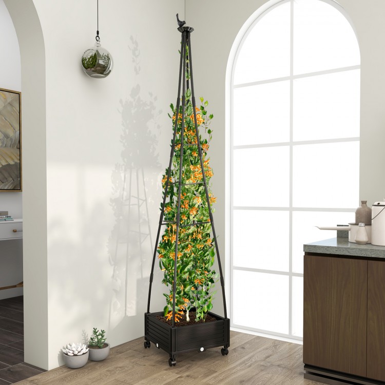 Garden obelisk trellis in black with self-drainage system, ideal for climbing plants, featuring a planter box and.