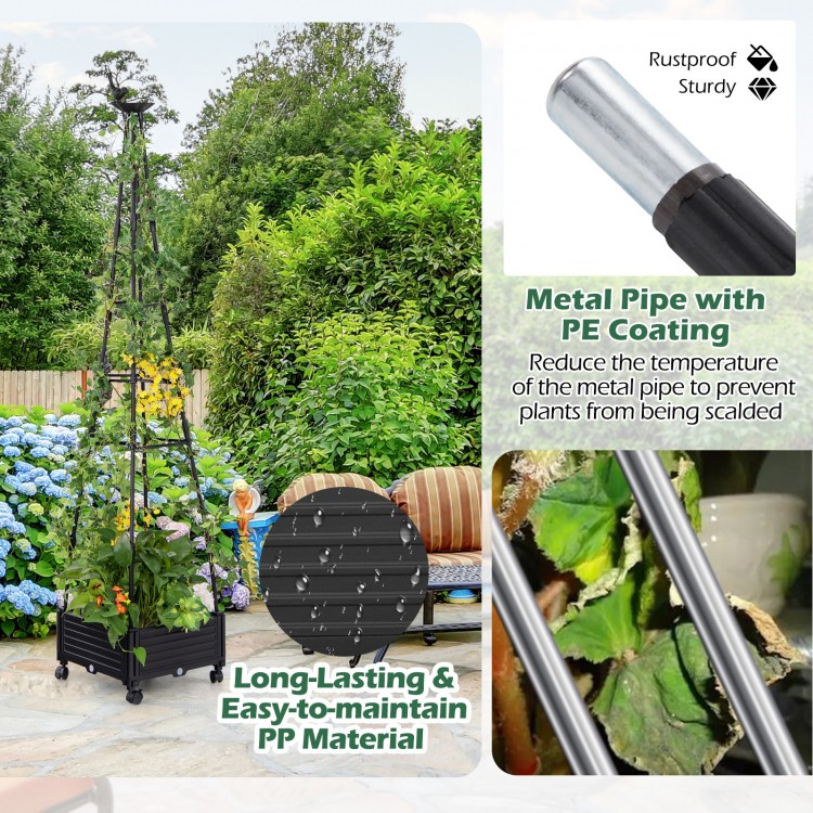 Garden obelisk trellis in black with self-drainage system, ideal for climbing plants like ivy and roses, featuring.