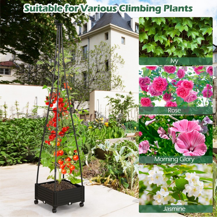Garden obelisk trellis in black with planter box, ideal for climbing plants like ivy, roses, and jasmine, featuring.