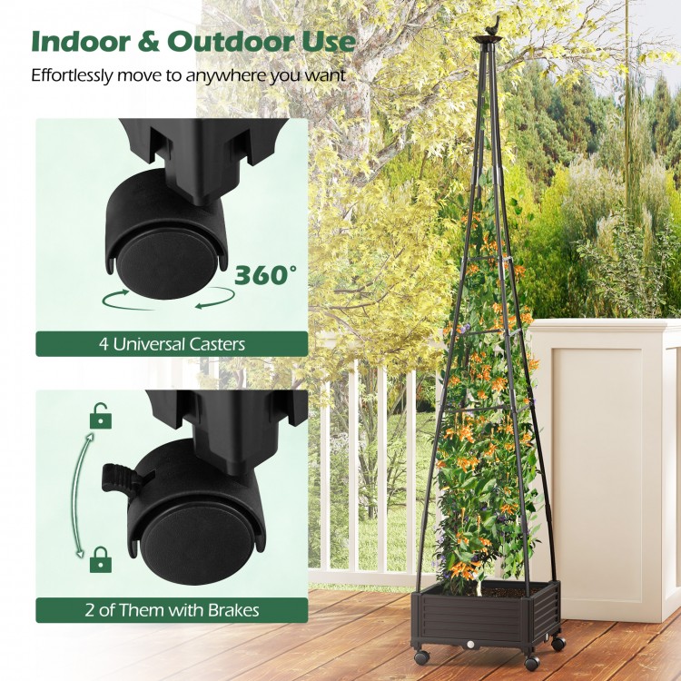 Garden obelisk trellis with self-drainage system, black, featuring 4 universal casters for easy indoor and outdoor.