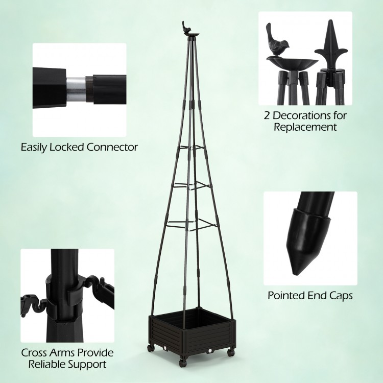 Garden obelisk trellis in black with removable reservoir, designed for climbing plants, featuring drainage holes and.