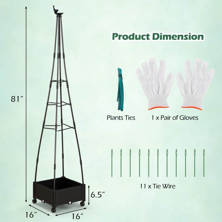 Garden obelisk trellis in black with a planter box, perfect for supporting climbing plants like roses and jasmine.