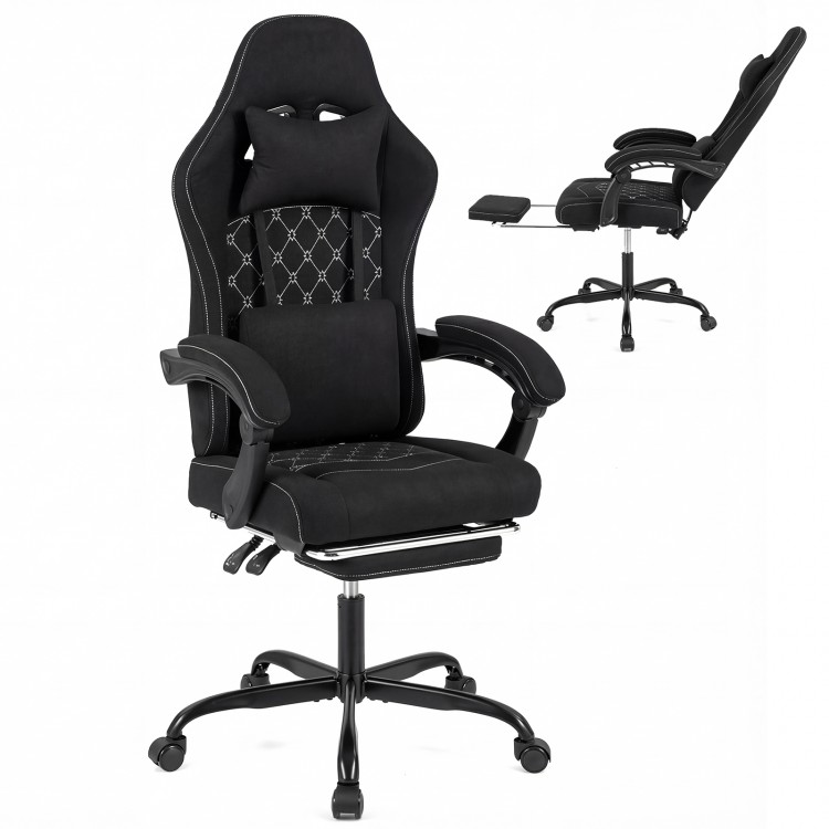 Height adjustable gaming chair in black with headrest, lumbar support, and retractable footrest for optimal comfort.
