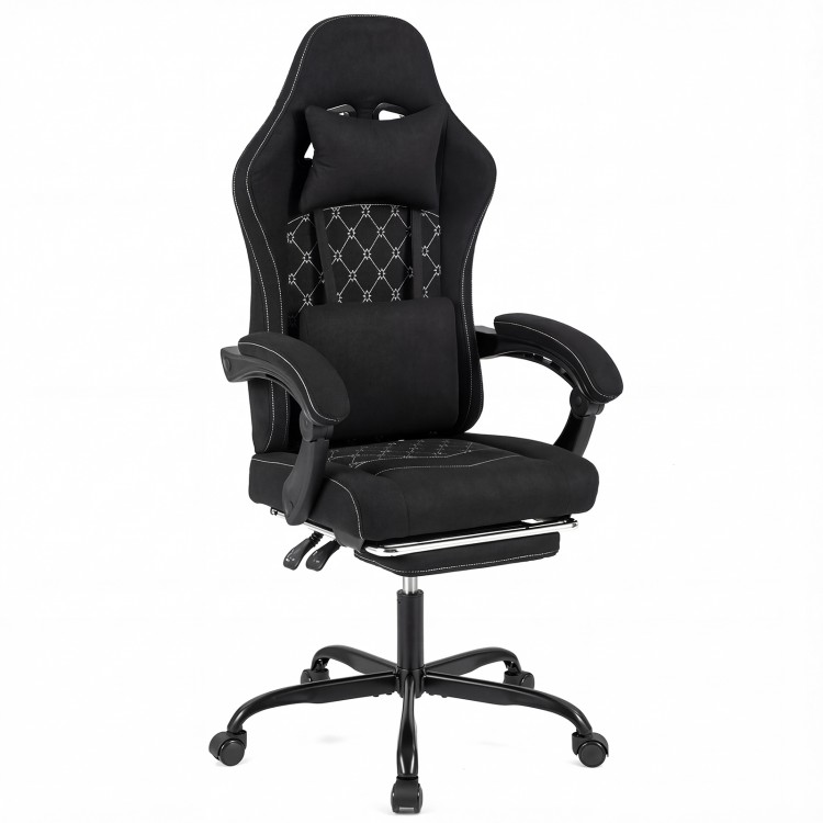 Height adjustable black gaming chair with headrest, lumbar support, and retractable footrest for optimal comfort.