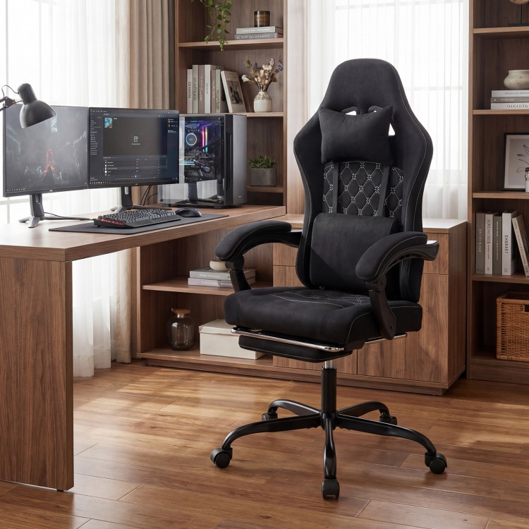 Gaming chair in black with an ergonomic design, featuring plush padding and a 90°-135° reclining backrest for.