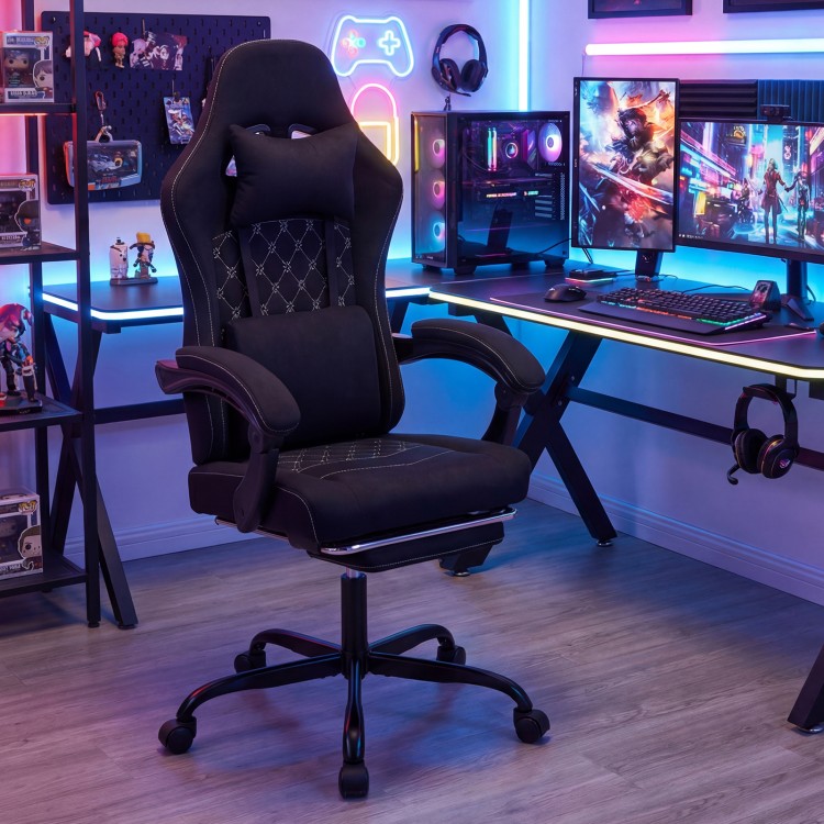Gaming chair with a sleek black design, featuring a padded seat and lumbar support for enhanced comfort during gaming.