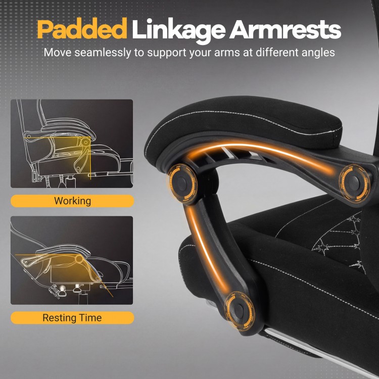 Padded linkage armrests of the black gaming chair adjust for optimal arm support during work and relaxation.