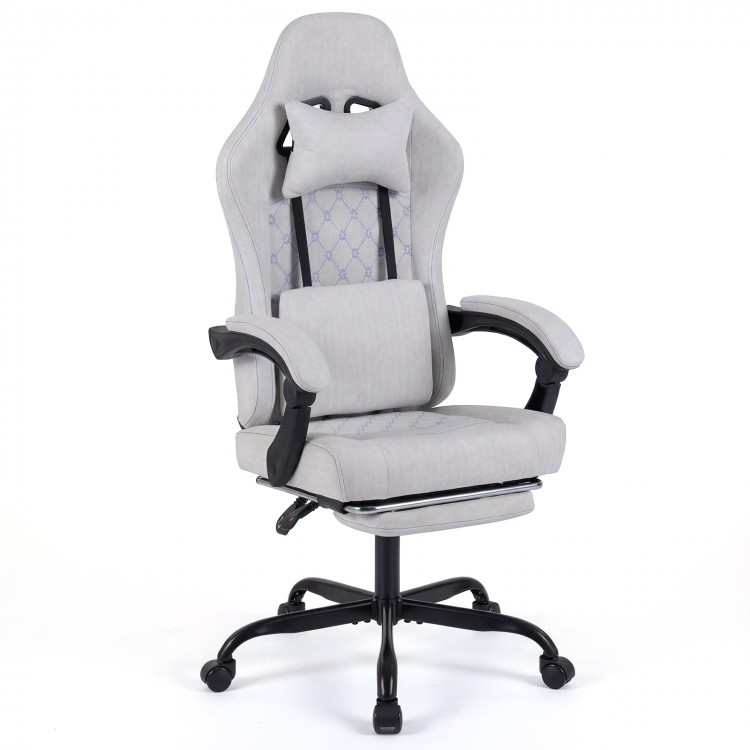 Height adjustable gray gaming chair with headrest, lumbar support, and retractable footrest for optimal comfort.