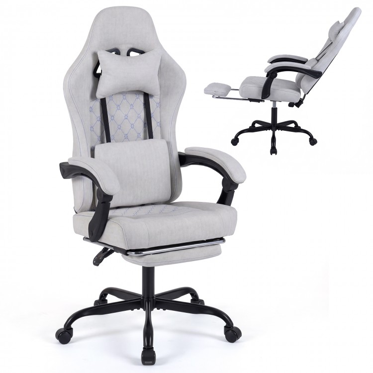 Gaming chair in gray with ergonomic design, adjustable height, reclining backrest, and retractable footrest for comfort.