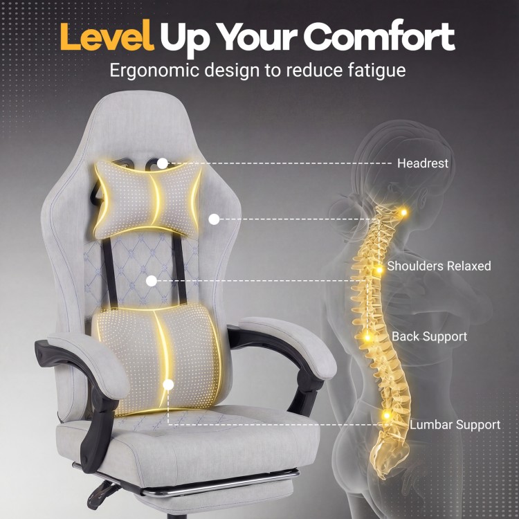 Gaming chair with ergonomic design, headrest, and lumbar support for optimal comfort during gaming or work sessions.