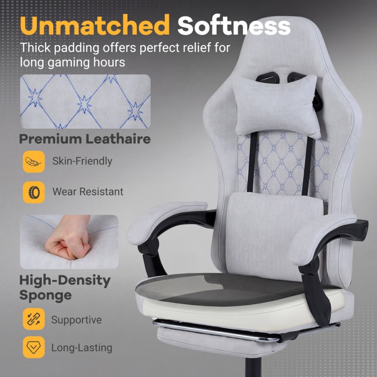 Gaming chair with adjustable height, headrest, and lumbar support, featuring premium leathaire for long gaming hours.