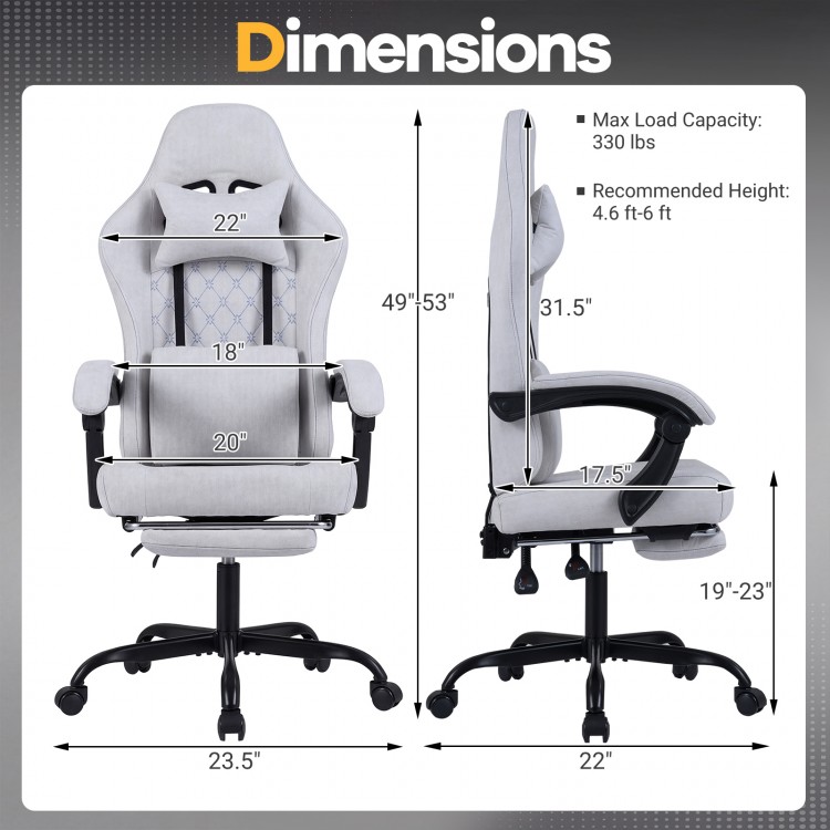 Gaming chair in gray with adjustable height, headrest, and lumbar support, designed for comfort during long gaming.