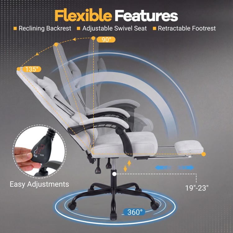 Gaming chair with adjustable swivel seat, reclining backrest, and retractable footrest for optimal comfort and support.