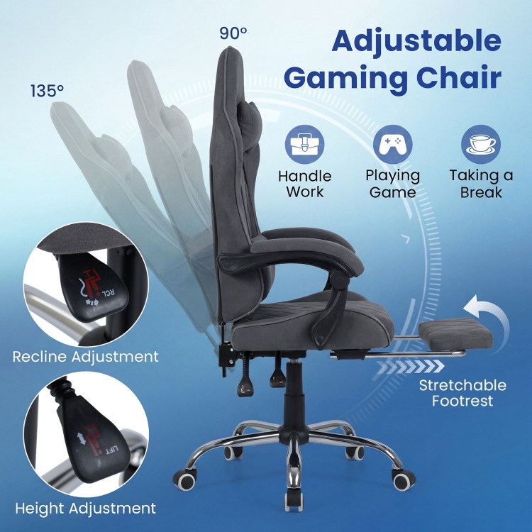 Adjustable gaming chair in gray with headrest, lumbar support, and reclining backrest for optimal comfort during gaming.