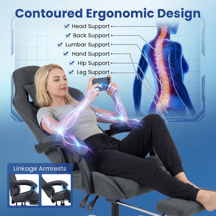 Gaming chair with ergonomic design, headrest, lumbar support, and adjustable armrests for optimal comfort during gaming.