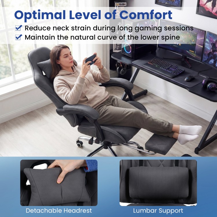 Gaming chair with adjustable headrest and lumbar support, featuring ergonomic design and retractable footrest for.