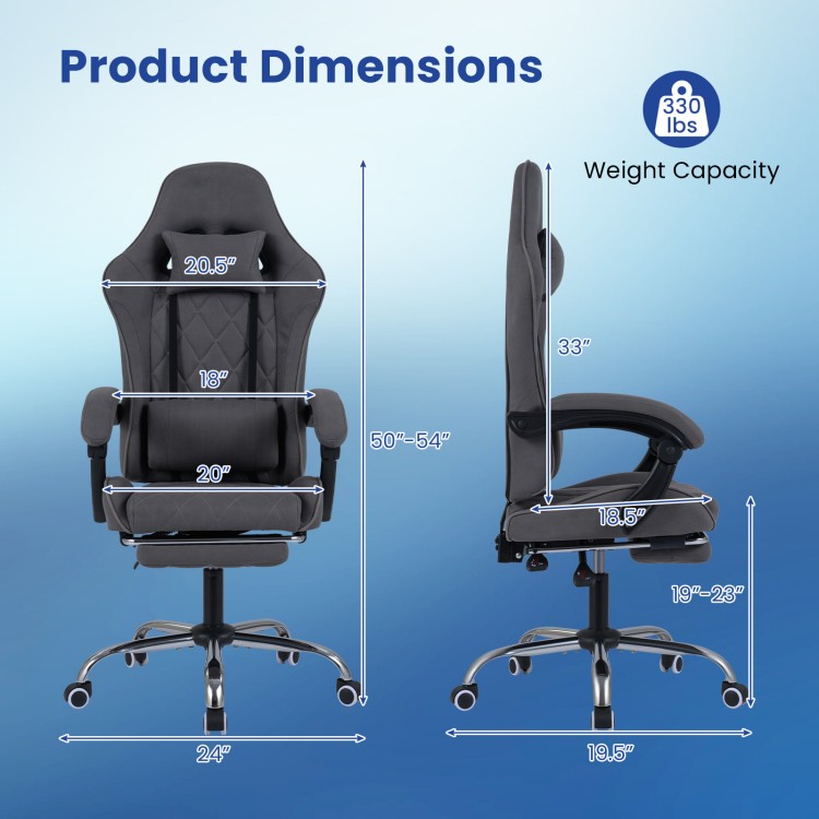 Gaming chair dimensions with ergonomic design, adjustable height, and lumbar support for optimal comfort and stability.