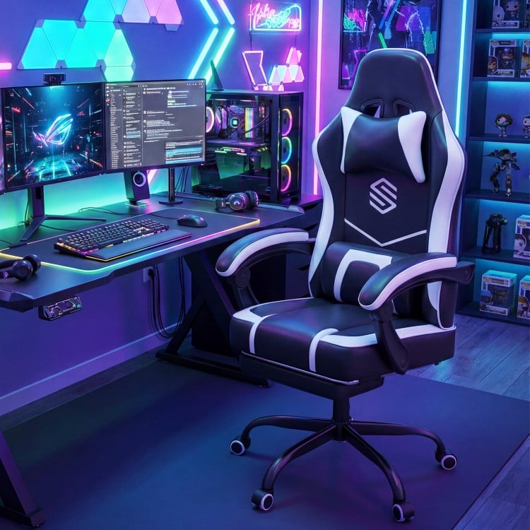 Height adjustable gaming chair in black with ergonomic design, headrest, and lumbar support for optimal comfort.