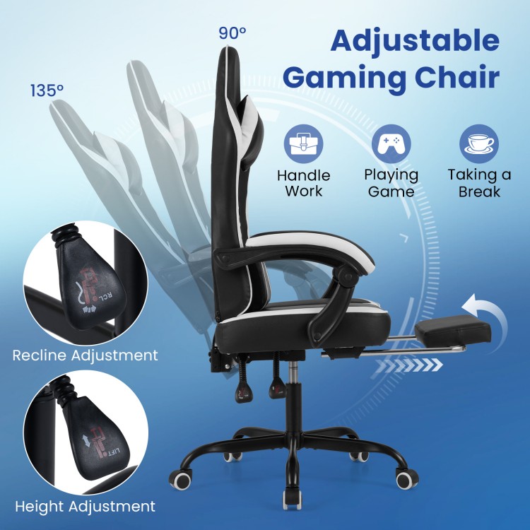 Side view of the adjustable gaming chair with headrest, featuring reclining backrest and retractable footrest for.