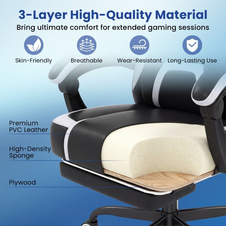 Close-up of the gaming chair's ergonomic design featuring premium PVC leather, high-density sponge, and adjustable.