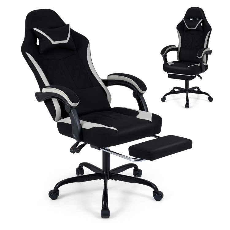 Gaming chair with adjustable height, headrest, footrest, and 360° swivel, designed for comfort during long gaming.