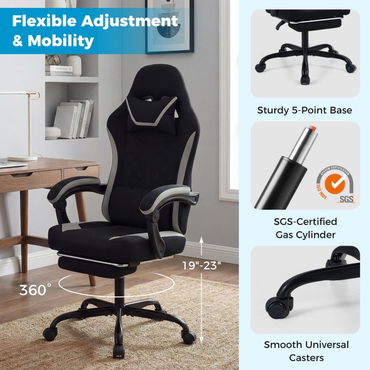 Gaming chair with adjustable height, headrest, and footrest, featuring a 360° swivel seat for ultimate comfort.