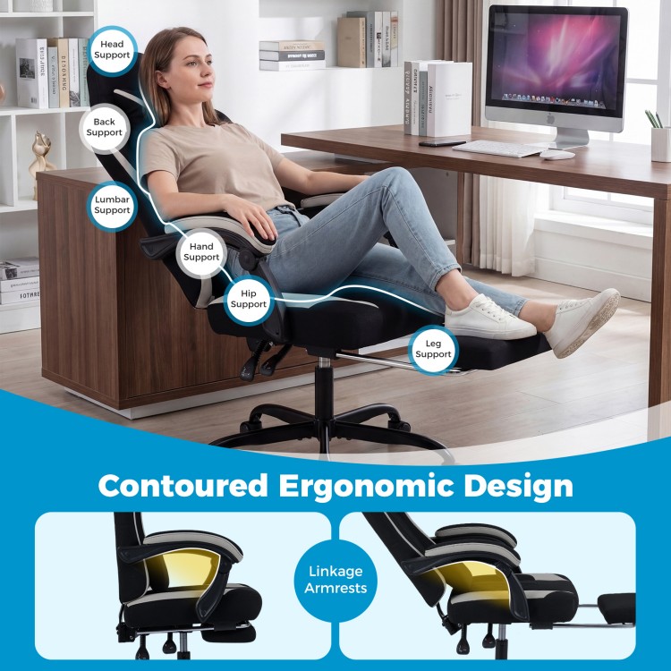 Gaming chair with ergonomic design, adjustable headrest, lumbar support, and retractable footrest for ultimate comfort.