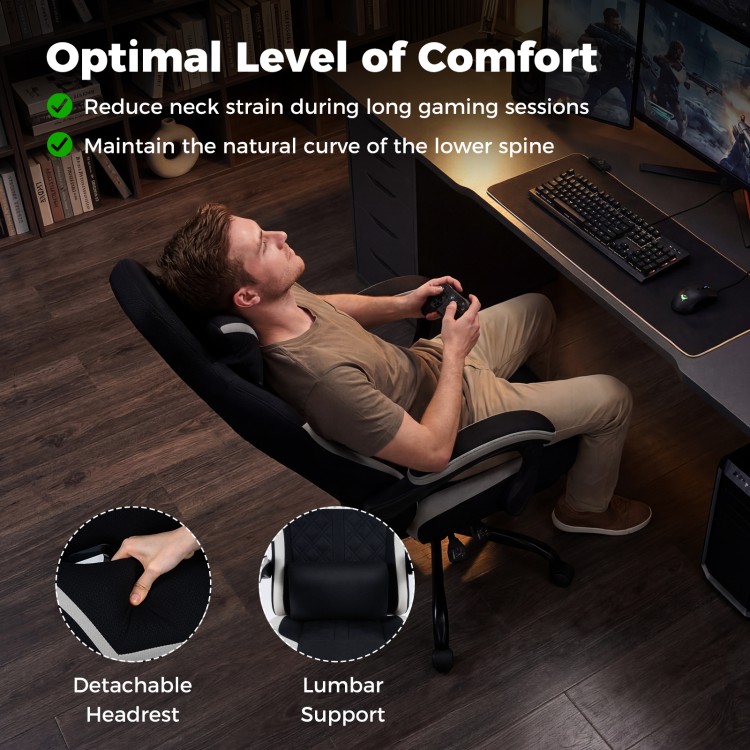 Gaming chair with adjustable height, headrest, and lumbar support for optimal comfort during long gaming sessions.
