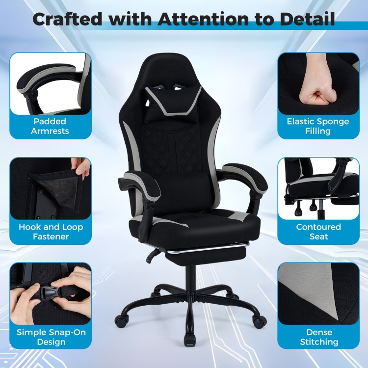 Gaming chair with adjustable height, headrest, footrest, and 360° swivel seat for ergonomic comfort during gaming.