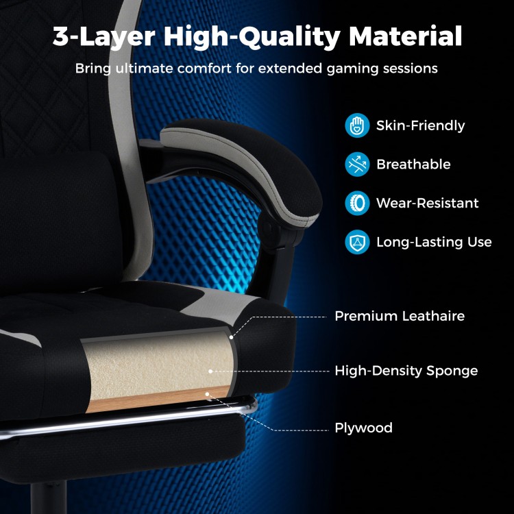 Gaming chair with ergonomic design, adjustable height, and retractable footrest for ultimate comfort during gaming.