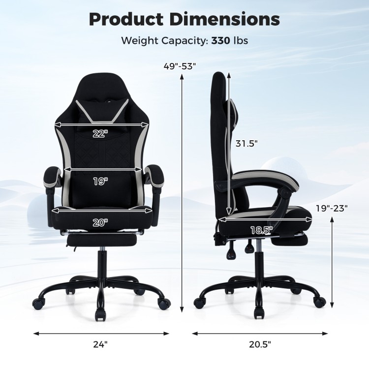 Gaming chair dimensions showing height adjustment and ergonomic features, designed for comfort during long gaming.